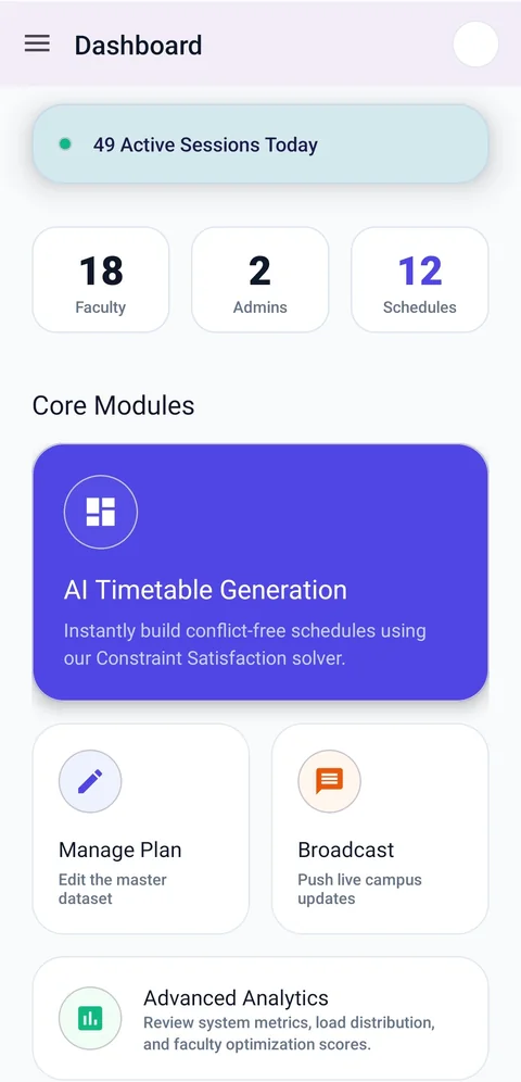 Admin Android dashboard with timetable generation and resource management