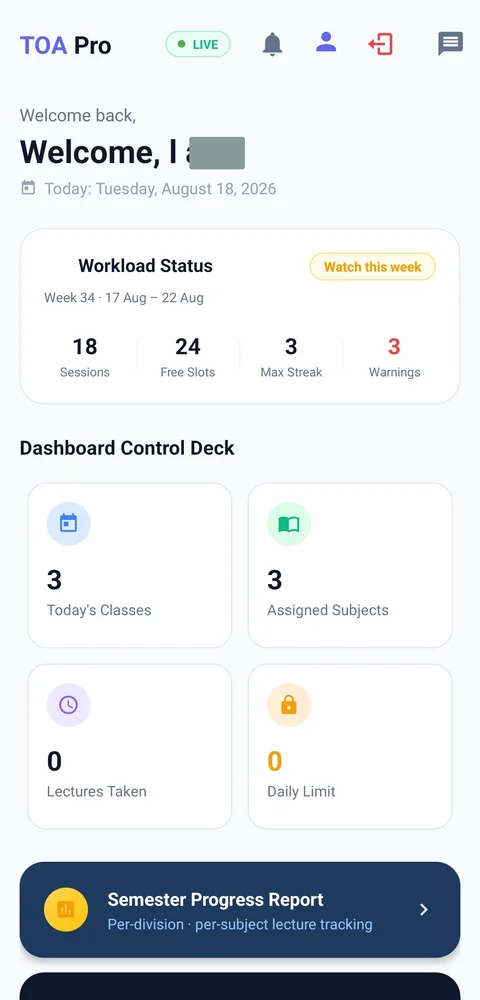 Faculty dashboard: daily classes and workload; identity masked