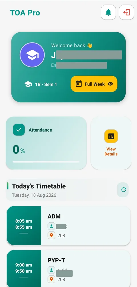 Student Android dashboard with today's classes; identity masked